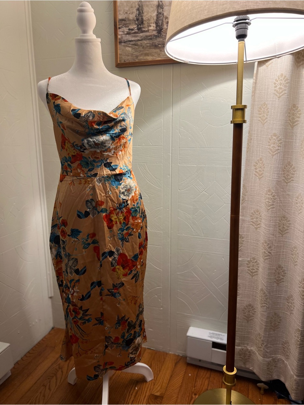 Boohoo Tan Floral Cowl Neck Midi Dress